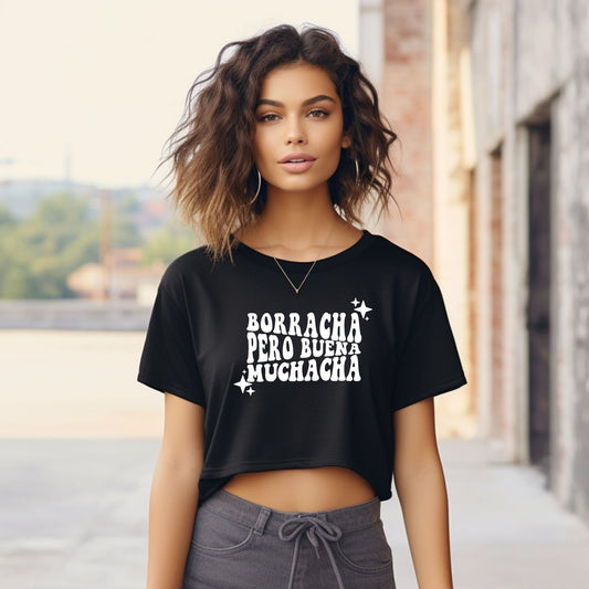 Borracha Pero Buena Muchacha Flowy Crop Tee