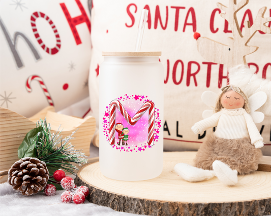 Candy Cane Alphabet Iced Coffee Glass (Choose your initial)